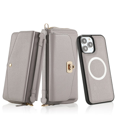 For iPhone 13 Pro Max MagSafe Crossbody Multi-functional Zipper Wallet Litchi Leather Phone Case(Grey) - More iPhone Cases by buy2fix | Online Shopping UK | buy2fix