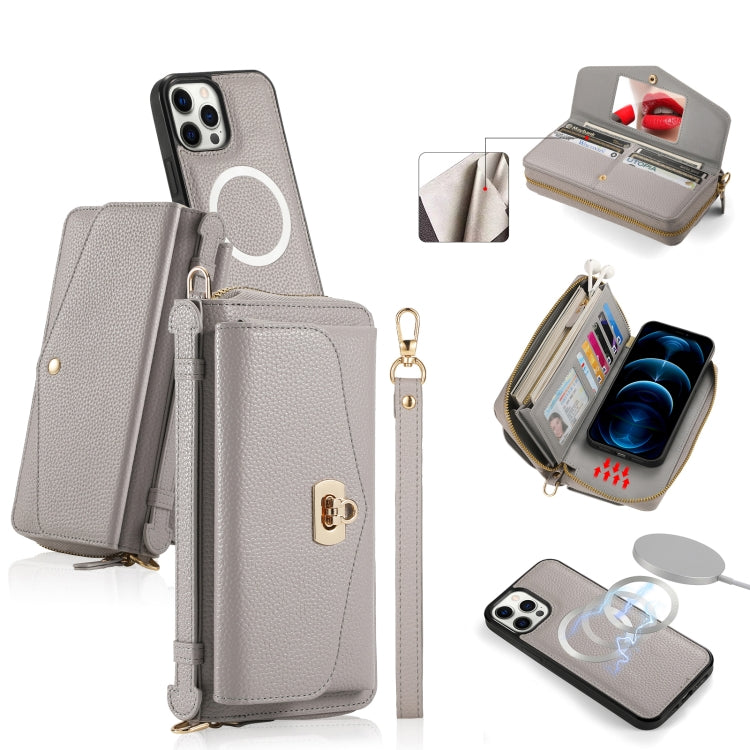 For iPhone 12 Pro Max MagSafe Crossbody Multi-functional Zipper Wallet Litchi Leather Phone Case(Grey) - iPhone 12 Pro Max Cases by buy2fix | Online Shopping UK | buy2fix