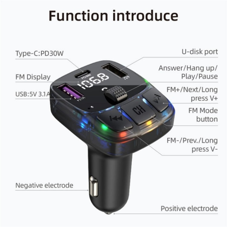 C57 PD Type-C + Dual USB Car Charger Colorful Light Car Bluetooth Adapter FM Transmitter - Car Charger by buy2fix | Online Shopping UK | buy2fix