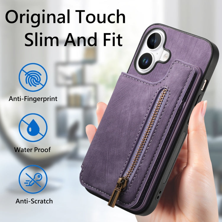 For iPhone 16 Retro Leather Zipper Wallet Back Phone Case(Purple) - More iPhone Cases by buy2fix | Online Shopping UK | buy2fix