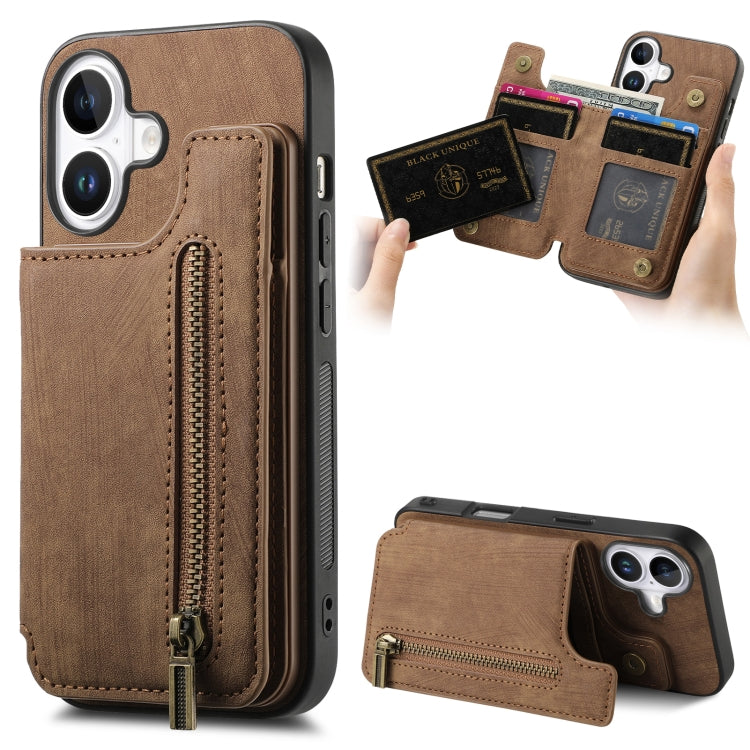 For iPhone 16 Retro Leather Zipper Wallet Back Phone Case(Brown) - More iPhone Cases by buy2fix | Online Shopping UK | buy2fix