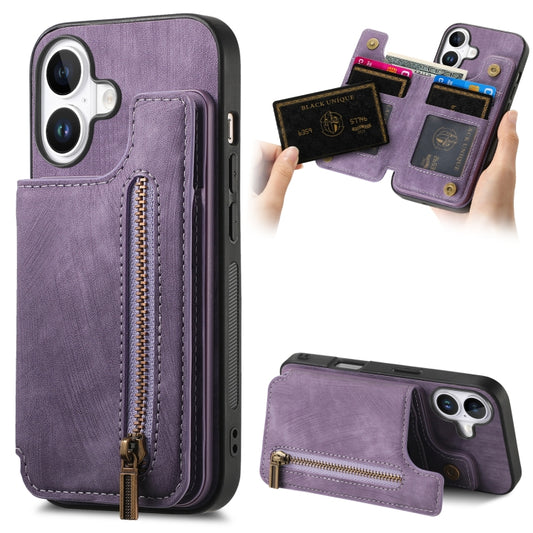 For iPhone 16 Plus Retro Leather Zipper Wallet Back Phone Case(Purple) - More iPhone Cases by buy2fix | Online Shopping UK | buy2fix