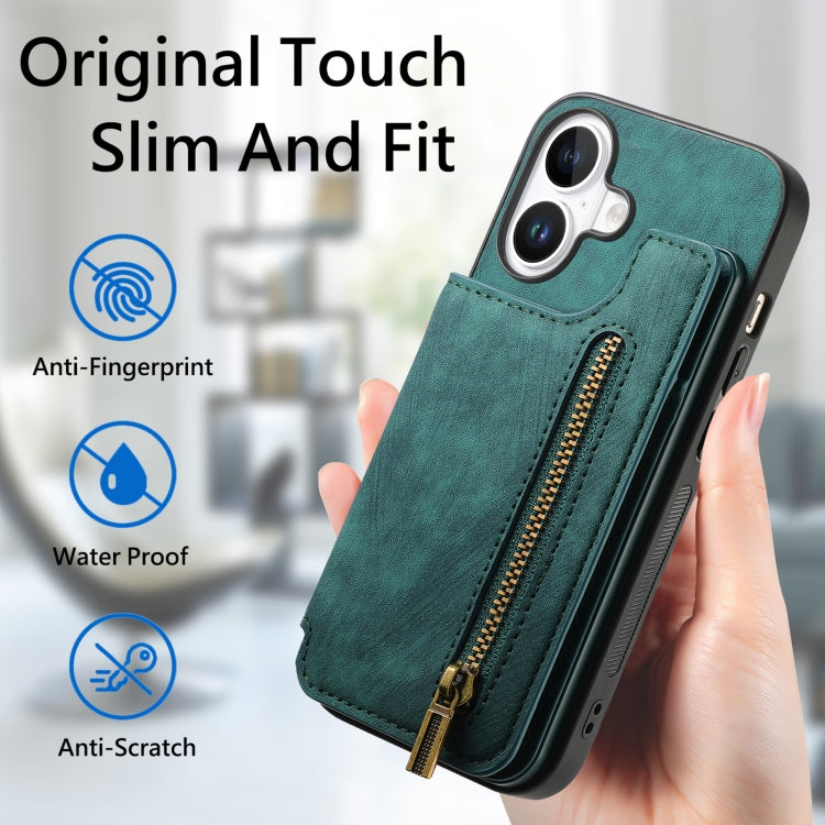 For iPhone 16 Plus Retro Leather Zipper Wallet Back Phone Case(Green) - More iPhone Cases by buy2fix | Online Shopping UK | buy2fix