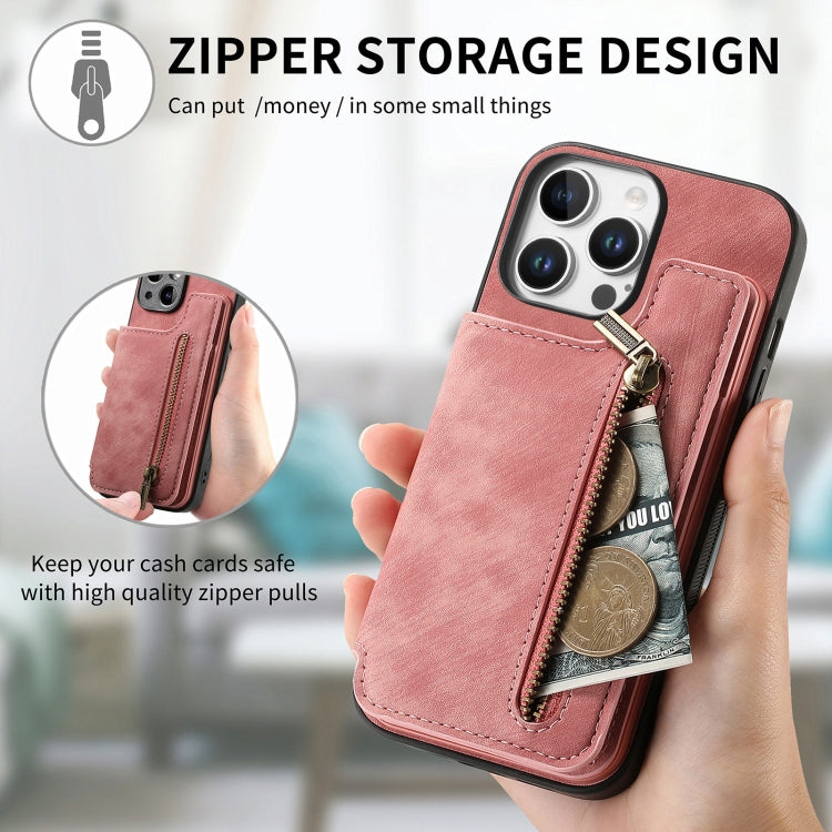 For iPhone 16 Pro Retro Leather Zipper Wallet Back Phone Case(Pink) - More iPhone Cases by buy2fix | Online Shopping UK | buy2fix