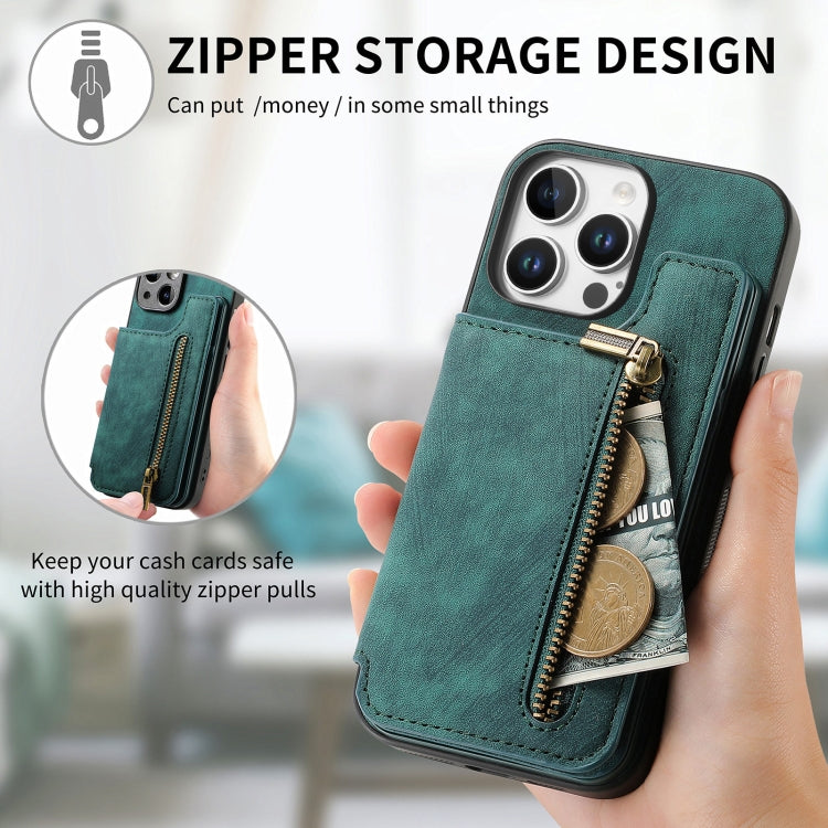 For iPhone 16 Pro Retro Leather Zipper Wallet Back Phone Case(Green) - More iPhone Cases by buy2fix | Online Shopping UK | buy2fix