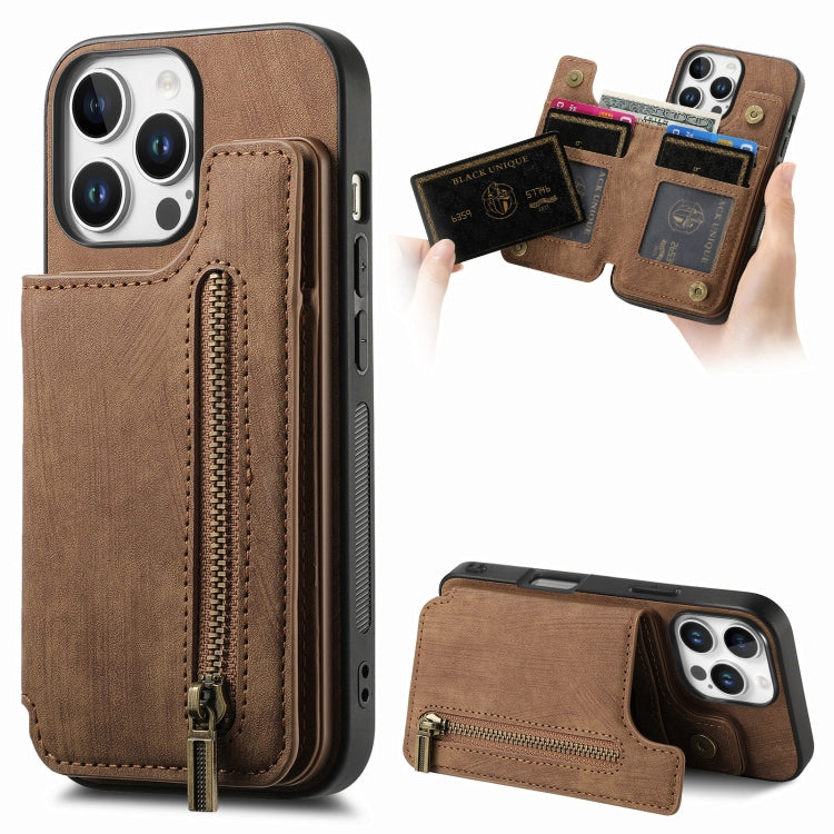 For iPhone 16 Pro Max Retro Leather Zipper Wallet Back Phone Case(Brown) - More iPhone Cases by buy2fix | Online Shopping UK | buy2fix