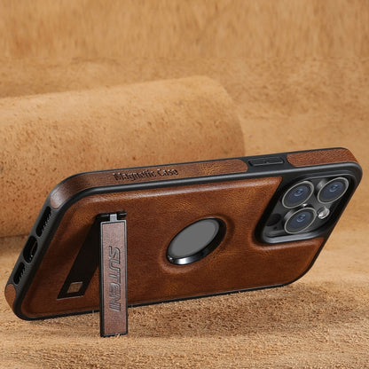 For iPhone 14 Plus Suteni G2 Magsafe Oil Wax Leather Back Phone Case with Holder(Brown) - iPhone 14 Plus Cases by Suteni | Online Shopping UK | buy2fix