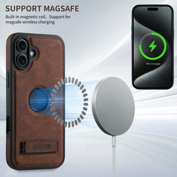 For iPhone 16 Suteni G2 Magsafe Litchi Texture Leather Back Phone Case with Holder(Brown) - iPhone 16 Cases by Suteni | Online Shopping UK | buy2fix