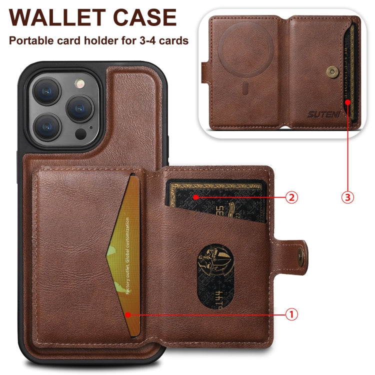 For iPhone 15 Plus Suteni M1 Oil Wax MagSafe Detachable Horizontal Card Bag Phone Case(Brown) - iPhone 15 Plus Cases by Suteni | Online Shopping UK | buy2fix