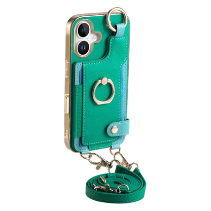 For iPhone 16 Fashion Ring Card Bag Phone Case with Hang Loop(Green) - iPhone 16 Cases by buy2fix | Online Shopping UK | buy2fix