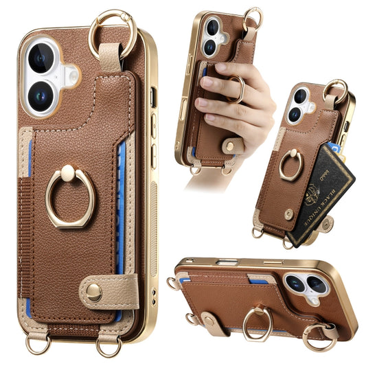 For iPhone 16 Plus Fashion Ring Card Bag Phone Case with Hang Loop(Brown) - iPhone 16 Plus Cases by buy2fix | Online Shopping UK | buy2fix