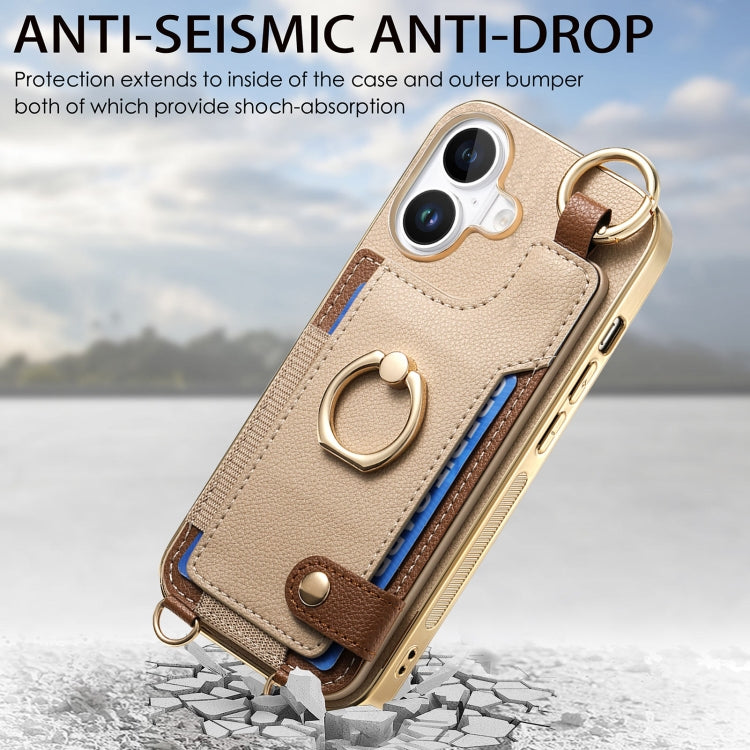 For iPhone 16 Plus Fashion Ring Card Bag Phone Case with Hang Loop(Khaki) - iPhone 16 Plus Cases by buy2fix | Online Shopping UK | buy2fix