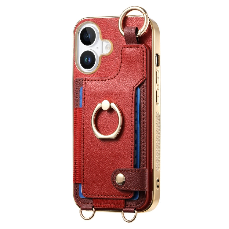 For iPhone 16 Plus Fashion Ring Card Bag Phone Case with Hang Loop(Red) - iPhone 16 Plus Cases by buy2fix | Online Shopping UK | buy2fix