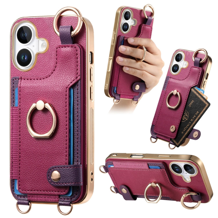 For iPhone 16 Plus Fashion Ring Card Bag Phone Case with Hang Loop(Purple) - iPhone 16 Plus Cases by buy2fix | Online Shopping UK | buy2fix