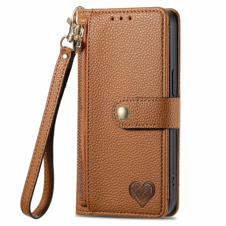 For Motorola Moto G Play 2024 Love Zipper Lanyard Leather Phone Case(Brown) - Motorola Cases by buy2fix | Online Shopping UK | buy2fix