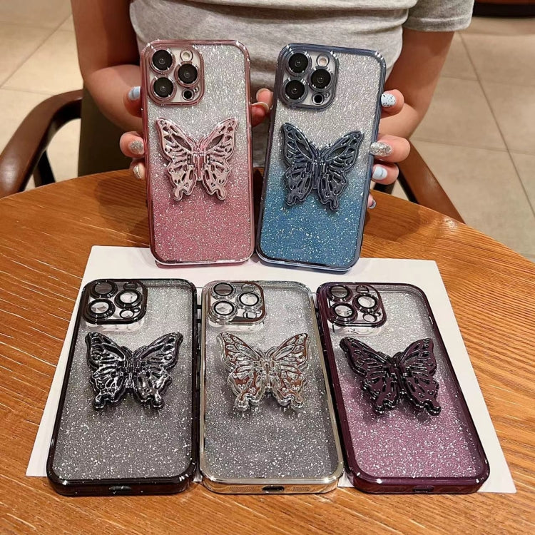 For iPhone 16 Electroplated Gradient Glitter 3D Butterfly TPU Phone Case(Gradient Black) - iPhone 16 Cases by buy2fix | Online Shopping UK | buy2fix