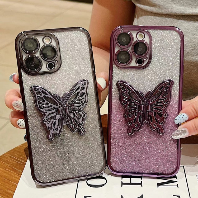 For iPhone 16 Electroplated Gradient Glitter 3D Butterfly TPU Phone Case(Gradient Silver) - iPhone 16 Cases by buy2fix | Online Shopping UK | buy2fix