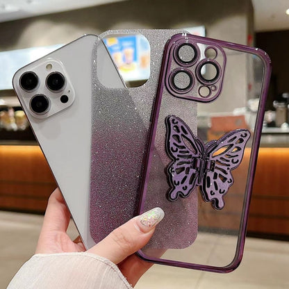 For iPhone 16 Electroplated Gradient Glitter 3D Butterfly TPU Phone Case(Gradient Black) - iPhone 16 Cases by buy2fix | Online Shopping UK | buy2fix