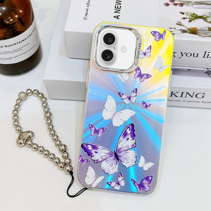 For iPhone 16 Electroplating Laser Butterfly Phone Case with Wrist Strap(White Purple Butterflies AB6) - iPhone 16 Cases by buy2fix | Online Shopping UK | buy2fix