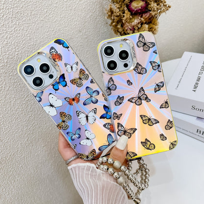 For iPhone 16 Plus Electroplating Laser Butterfly Phone Case with Wrist Strap(White Purple Butterflies AB6) - iPhone 16 Plus Cases by buy2fix | Online Shopping UK | buy2fix