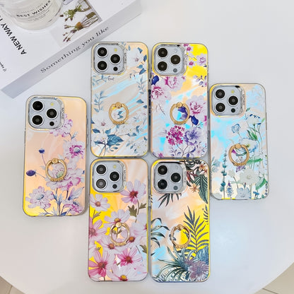 For iPhone 16 Pro Max Electroplating Laser Flower Ring Holder TPU Phone Case(Blue Flower AH8) - iPhone 16 Pro Max Cases by buy2fix | Online Shopping UK | buy2fix