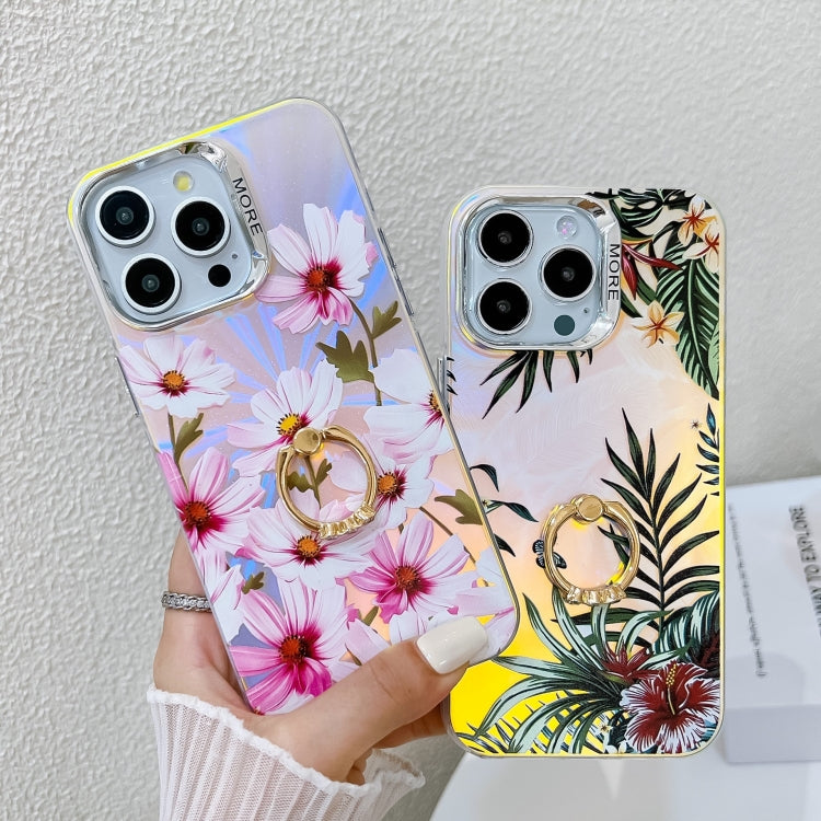 For iPhone 16 Plus Electroplating Laser Flower Ring Holder TPU Phone Case(Flower AH6) - iPhone 16 Plus Cases by buy2fix | Online Shopping UK | buy2fix