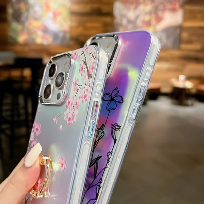 For iPhone 16 Plus Electroplating Laser Flower Ring Holder TPU Phone Case(Drawn Flowers AH3) - iPhone 16 Plus Cases by buy2fix | Online Shopping UK | buy2fix