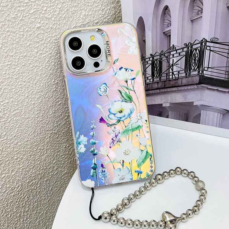 For iPhone 16 Pro Electroplating Laser Flower Phone Case with Wrist Strap(Blue Flower AH8) - iPhone 16 Pro Cases by buy2fix | Online Shopping UK | buy2fix