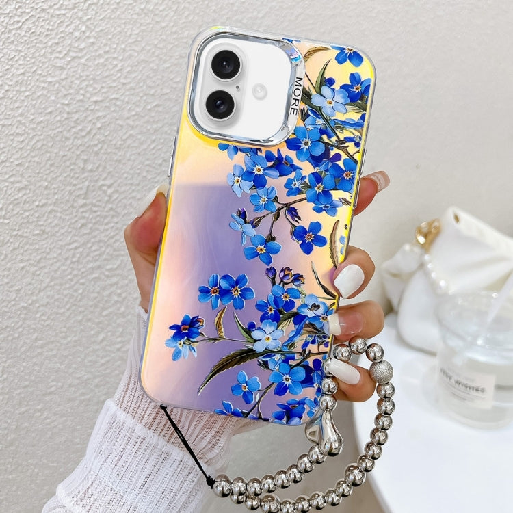 For iPhone 16 Electroplating Laser Flower Phone Case with Wrist Strap(Myosotis AH2) - iPhone 16 Cases by buy2fix | Online Shopping UK | buy2fix