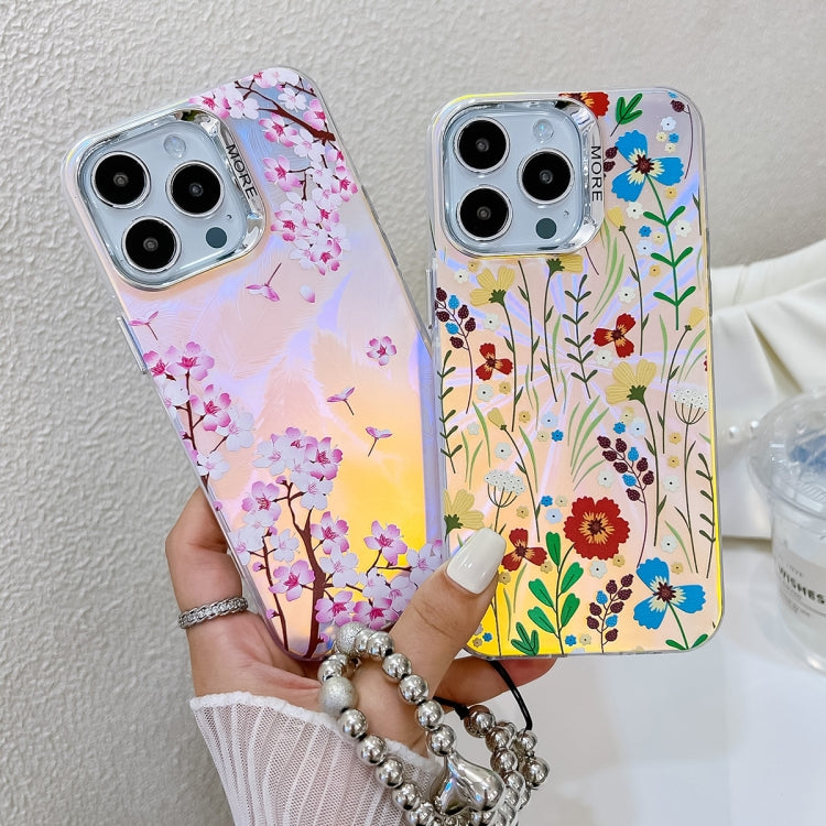 For iPhone 16 Plus Electroplating Laser Flower Phone Case with Wrist Strap(Myosotis AH2) - iPhone 16 Plus Cases by buy2fix | Online Shopping UK | buy2fix