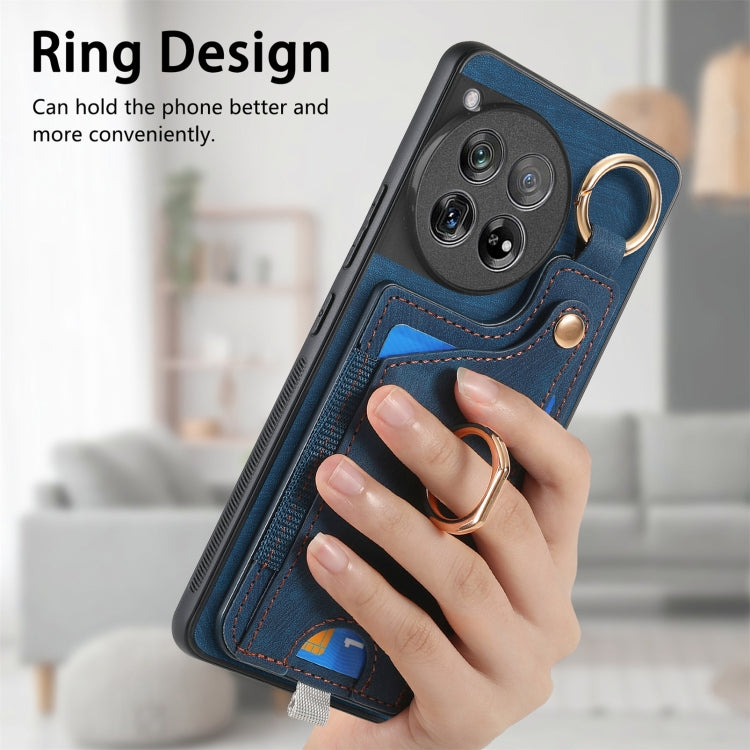 For OnePlus 12 5G Retro Skin-feel Ring Card Bag Phone Case with Hang Loop(Blue) - OnePlus Cases by buy2fix | Online Shopping UK | buy2fix