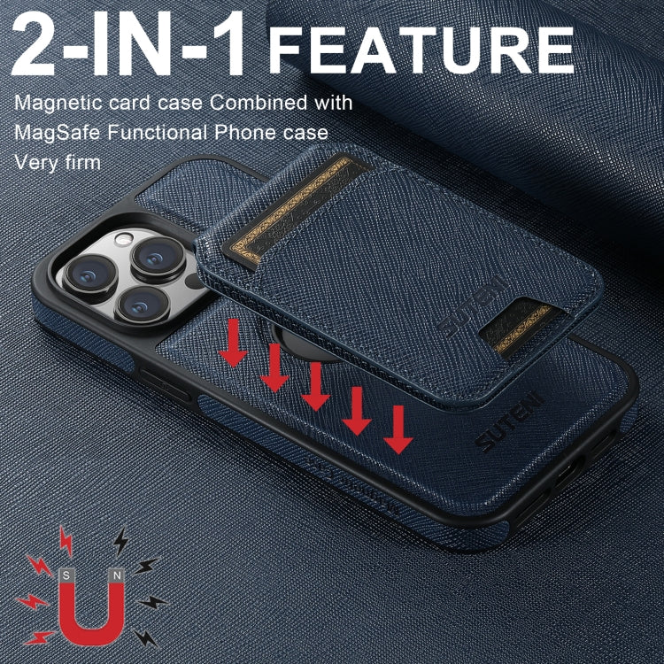 For iPhone 14 Pro Suteni M2 Cross-Grain MagSafe Vertical Card Back Phone Case(Blue) - iPhone 14 Pro Cases by Suteni | Online Shopping UK | buy2fix