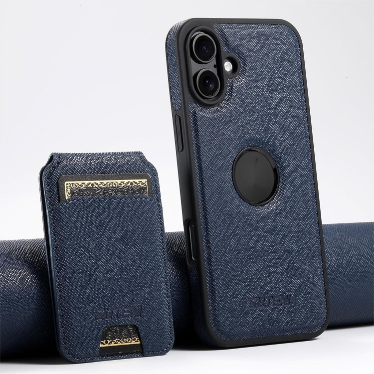 For iPhone 16 Plus Suteni M2 Cross-Grain MagSafe Vertical Card Back Phone Case(Blue) - iPhone 16 Plus Cases by Suteni | Online Shopping UK | buy2fix