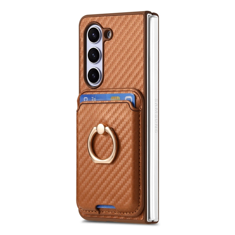 For Samsung Galaxy Z Fold6 Carbon Fiber Ring Card Bag Magsafe Phone Case(Brown) - Galaxy Z Fold6 5G Cases by buy2fix | Online Shopping UK | buy2fix