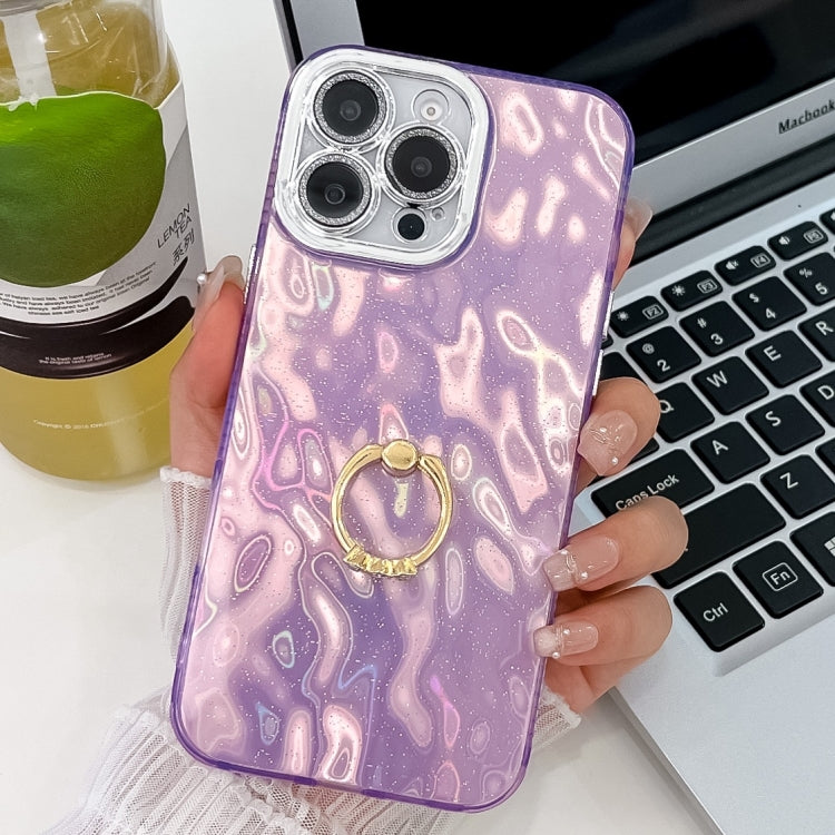 For iPhone 16 Pro Max Plating Glitter Texture Ring Holder TPU Phone Case with Lens Film(Purple Wrinkles) - More iPhone Cases by buy2fix | Online Shopping UK | buy2fix