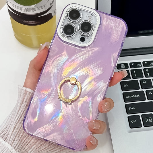 For iPhone 16 Pro Max Plating Glitter Texture Ring Holder TPU Phone Case with Lens Film(Purple Feather Yarn) - More iPhone Cases by buy2fix | Online Shopping UK | buy2fix