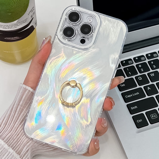 For iPhone 16 Pro Plating Glitter Texture Ring Holder TPU Phone Case with Lens Film(White Feather Yarn) - More iPhone Cases by buy2fix | Online Shopping UK | buy2fix