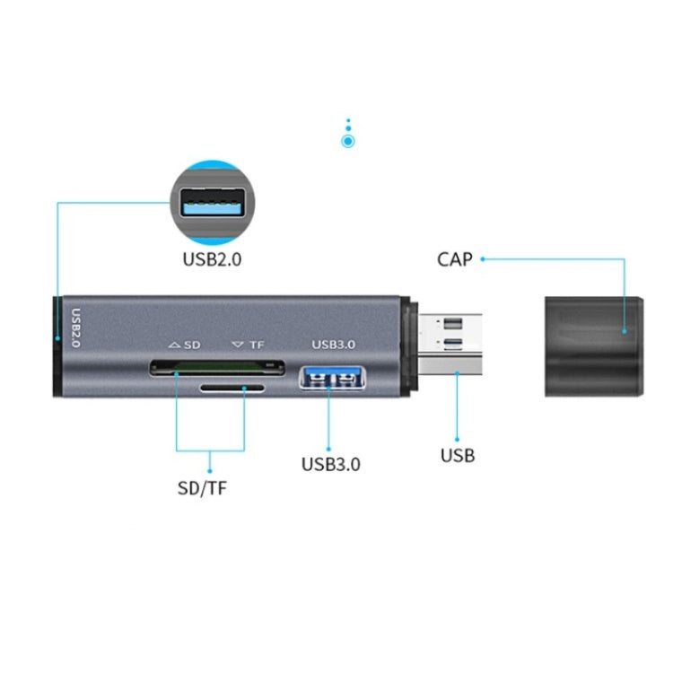 ADS-308A SD / TF Card Reader Aluminum Alloy USB 3.0 + USB 2.0 Splitter Hub -  by buy2fix | Online Shopping UK | buy2fix