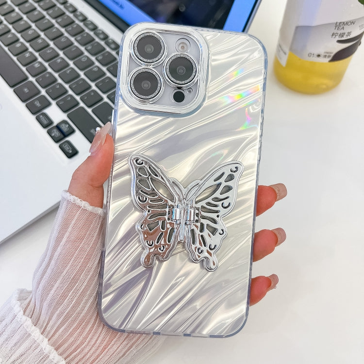 For iPhone 16 Pro Max Plating Glitter Texture Butterfly Holder TPU Phone Case with Lens Film(White Water Ripples) - iPhone 16 Pro Max Cases by buy2fix | Online Shopping UK | buy2fix