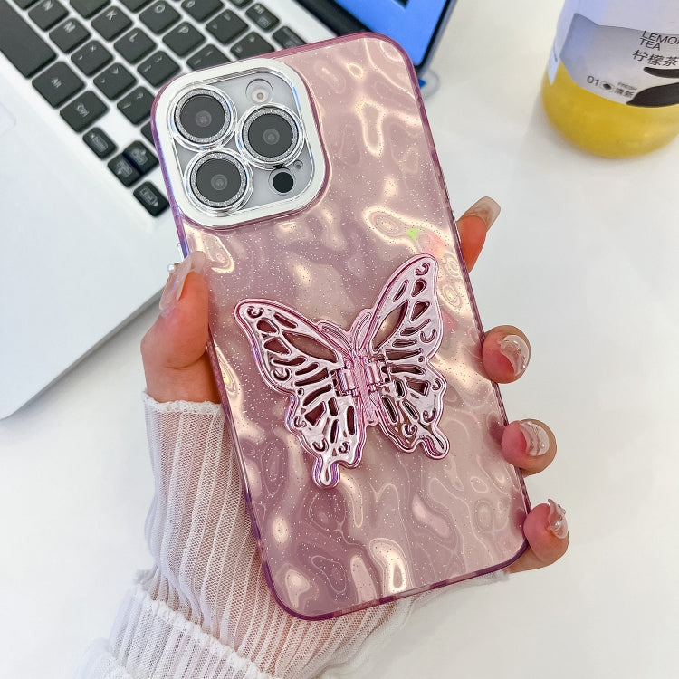 For iPhone 16 Pro Max Plating Glitter Texture Butterfly Holder TPU Phone Case with Lens Film(Pink Wrinkles) - iPhone 16 Pro Max Cases by buy2fix | Online Shopping UK | buy2fix