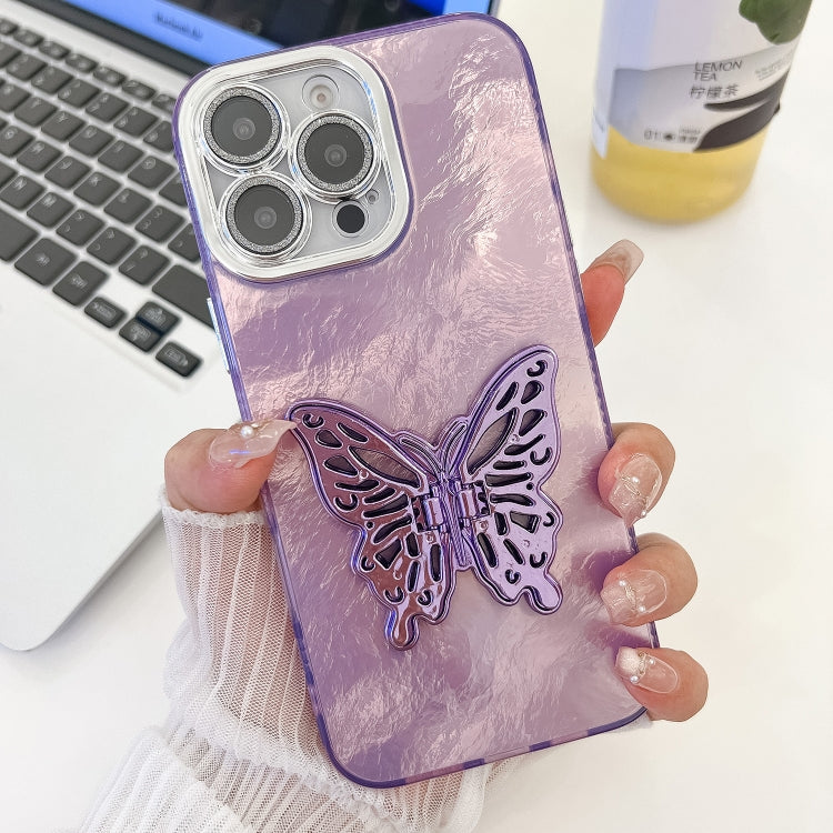 For iPhone 16 Pro Max Plating Glitter Texture Butterfly Holder TPU Phone Case with Lens Film(Purple Tinfoil Texture) - iPhone 16 Pro Max Cases by buy2fix | Online Shopping UK | buy2fix