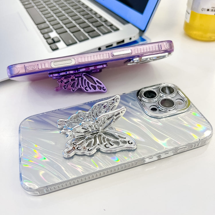 For iPhone 16 Plating Glitter Texture Butterfly Holder TPU Phone Case with Lens Film(Purple Shell Pattern) - iPhone 16 Cases by buy2fix | Online Shopping UK | buy2fix