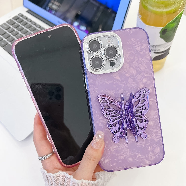 For iPhone 16 Plus Plating Glitter Texture Butterfly Holder TPU Phone Case with Lens Film(Purple Feather Yarn) - iPhone 16 Plus Cases by buy2fix | Online Shopping UK | buy2fix