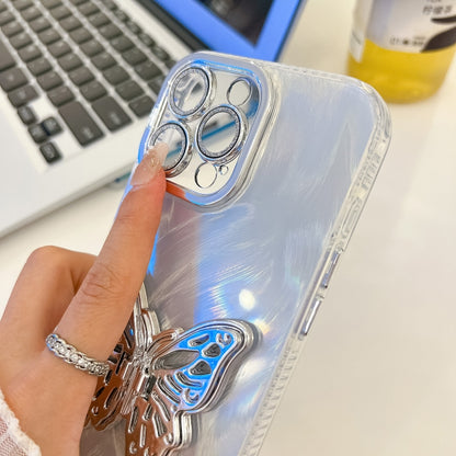 For iPhone 16 Plus Plating Glitter Texture Butterfly Holder TPU Phone Case with Lens Film(White Tinfoil Texture) - iPhone 16 Plus Cases by buy2fix | Online Shopping UK | buy2fix