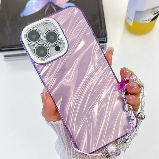 For iPhone 16 Pro Plating Glitter Texture Chain Wristband TPU Phone Case with Lens Film(Purple Water Ripples) - iPhone 16 Pro Cases by buy2fix | Online Shopping UK | buy2fix