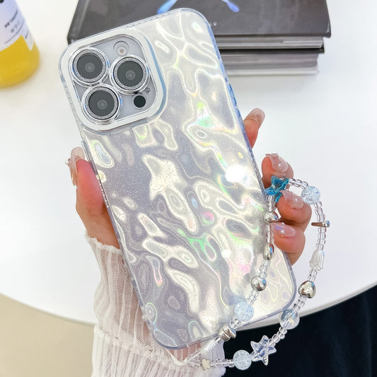 For iPhone 16 Pro Plating Glitter Texture Chain Wristband TPU Phone Case with Lens Film(White Wrinkles) - iPhone 16 Pro Cases by buy2fix | Online Shopping UK | buy2fix