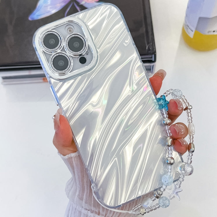 For iPhone 16 Plus Plating Glitter Texture Chain Wristband TPU Phone Case with Lens Film(White Water Ripples) - iPhone 16 Plus Cases by buy2fix | Online Shopping UK | buy2fix