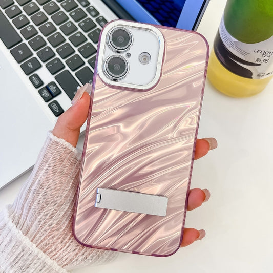 For iPhone 16 Plus Plating Glitter Texture Fold Holder TPU Phone Case with Lens Film(Pink Water Ripples) - iPhone 16 Plus Cases by buy2fix | Online Shopping UK | buy2fix