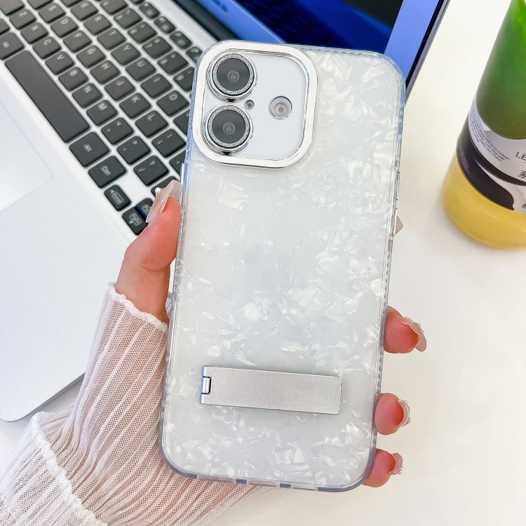 For iPhone 16 Plus Plating Glitter Texture Fold Holder TPU Phone Case with Lens Film(White Shell Pattern) - iPhone 16 Plus Cases by buy2fix | Online Shopping UK | buy2fix