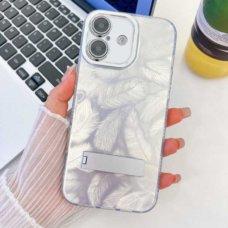 For iPhone 16 Plus Plating Glitter Texture Fold Holder TPU Phone Case with Lens Film(White Feathers) - iPhone 16 Plus Cases by buy2fix | Online Shopping UK | buy2fix